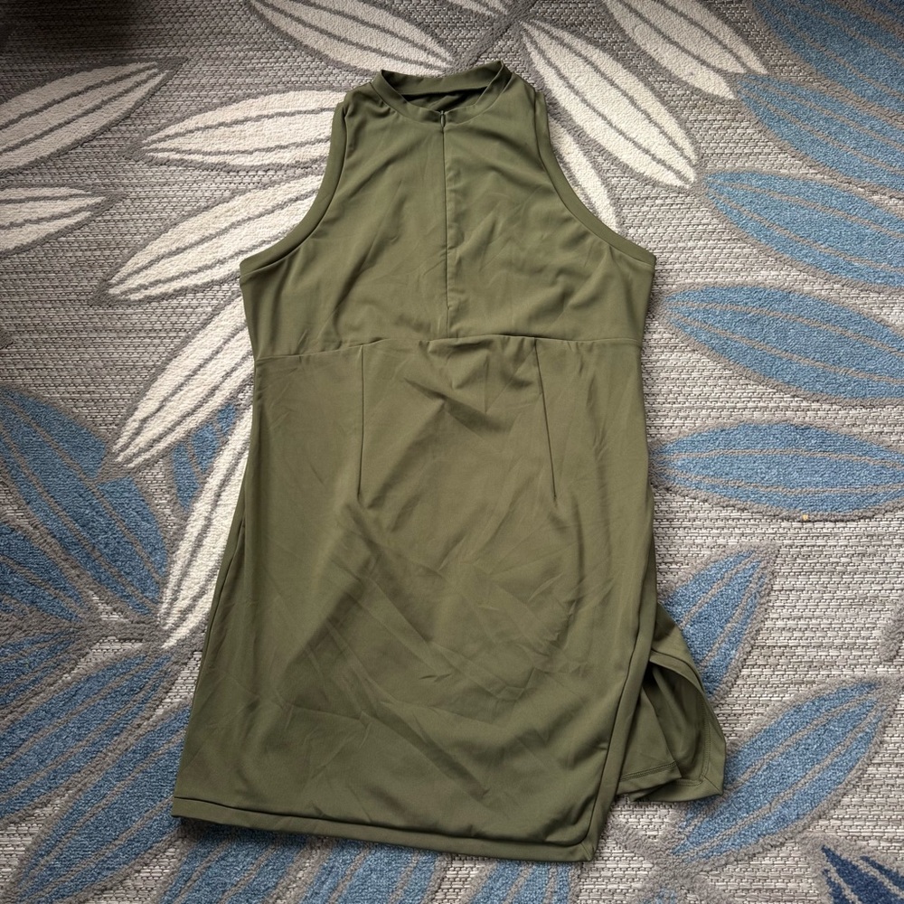 Halara Womens Zipper Racerback Split Side Mini Tennis Active Dress Olive Size XL